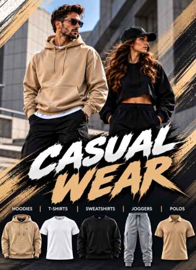 Custom casual wear collection featuring hoodies, t-shirts, sweatshirts, joggers, and polo shirts manufactured by SeamCraft Industry for private label and wholesale apparel brands.