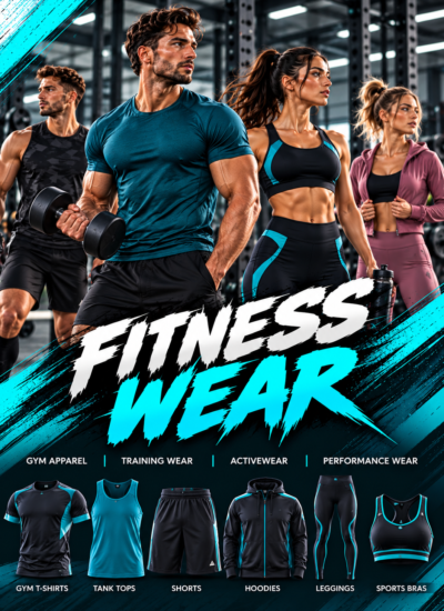 Custom fitness wear collection featuring gym t-shirts, tank tops, leggings, sports bras, shorts, and activewear manufactured by SeamCraft Industry for private label and wholesale brands.