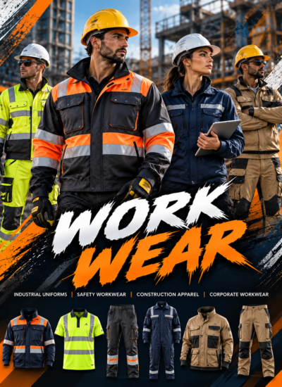 Custom workwear collection featuring industrial uniforms, safety jackets, reflective clothing, cargo trousers, coveralls, and corporate workwear manufactured by SeamCraft Industry.
